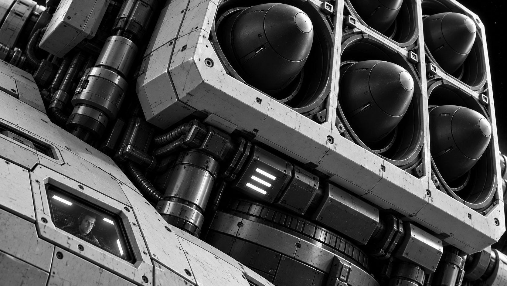 Macro view of missile and torpedo launcher pods