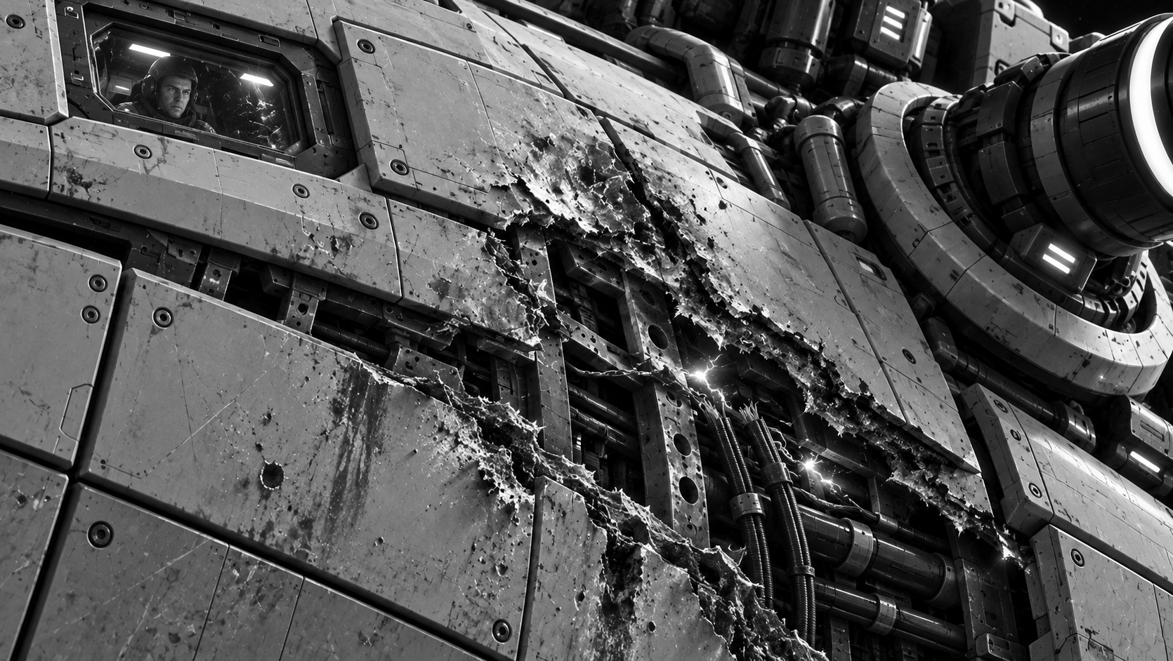 Damaged Tavr armor and a pilot behind a protected viewport